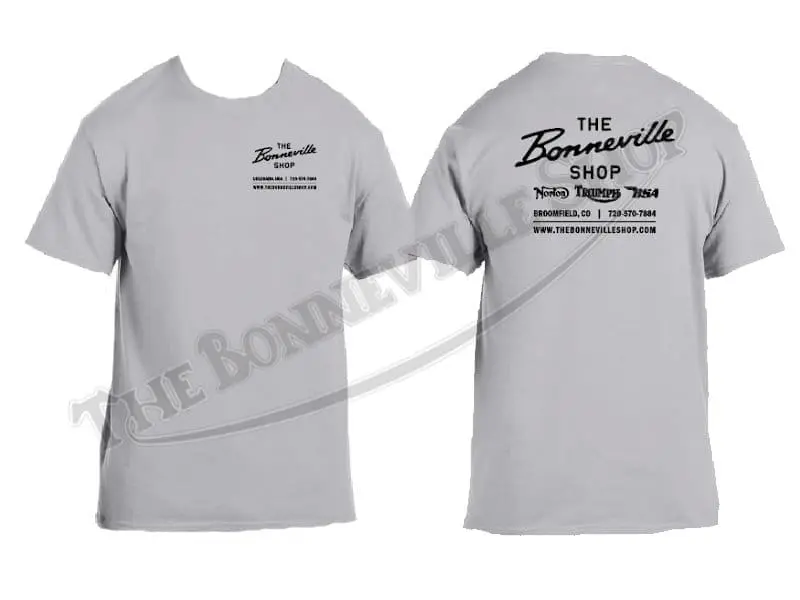 The Bonnie Shop Script Logo T-Shirt Grey With Black Ink Triumph Norton Bsa Pn# Tbs-9994 1 The Bonnie Shop Script Logo T-Shirt Grey With Black Ink Pn# Tbs-9994 The Bonneville Shop Script Logo T-Shirt