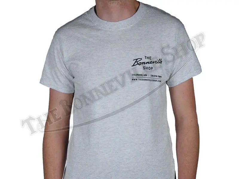 The Bonnie Shop Script Logo T-Shirt Grey With Black Ink Triumph Norton Bsa Pn# Tbs-9994 2 The Bonnie Shop Script Logo T-Shirt Grey With Black Ink Pn# Tbs-9994