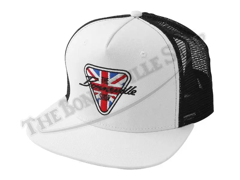 The Bonneville Shop Patent Plate Logo Black &Amp; White Trucker Hat Triumph Norton Bsa Pn# Tbs-Hat02 1 Black And White Triumph Trucker Hat With Triumph Patent Plate The Bonneville Shop Logo Tbs-Hat02