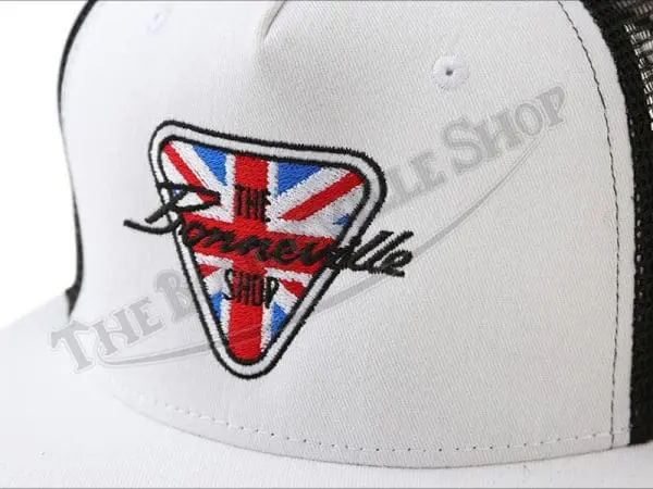 TBS HAT02 02 THE BONNEVILLE SHOP PATENT PLATE LOGO BLACK AND WHITE TRUCKER HAT