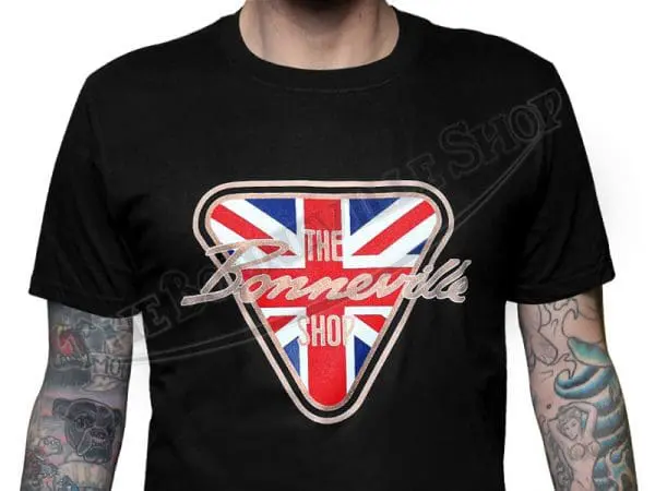 TBS 9989 03 THE BONNEVILLE SHOP PATENT PLATE LOGO BLACK T SHIRT TRIUMPH NORTON BSA 1