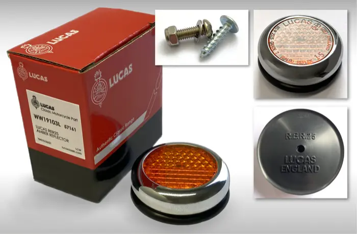 Triumph Bonneville Tiger Trophy 500 650 Genuine Lucas Amber Under Tank Reflector (2) Pn# 57161 G Rer25 1 Genuine Lucas Rer25 Amber Under Tank Reflector (1) 57161