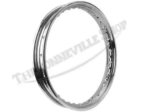 Chrome motorcycle rim, 19-inch size.